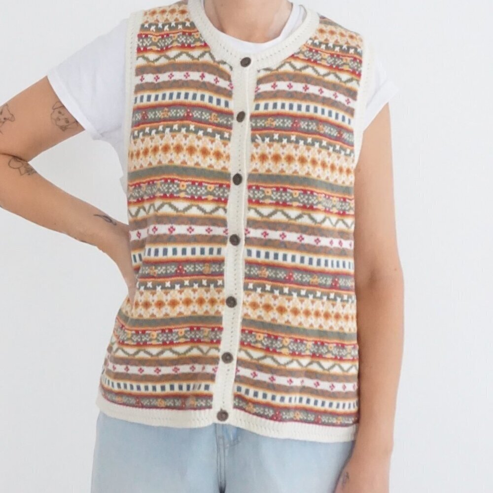 Vintage Northern Reflections Cream Fair Isle Geometric Button Knit Vest M
